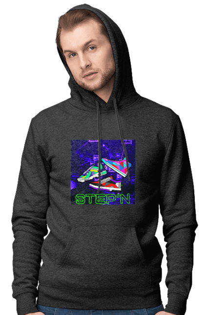 Чоловіче худі з принтом "Step`n". Віртуальні кросівки, крипта, криптовалюти, нфт, нфт кросівки, солана, степен. 2070702