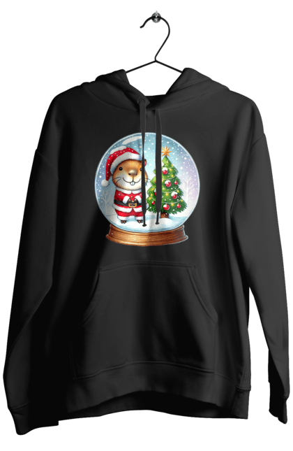 Men's hoodie with prints Christmas Capybara with a Tree. Animal, capybara, christmas, christmas capybara, christmas tree, gift, holiday, new year, new year`s gift, santa. 2070702