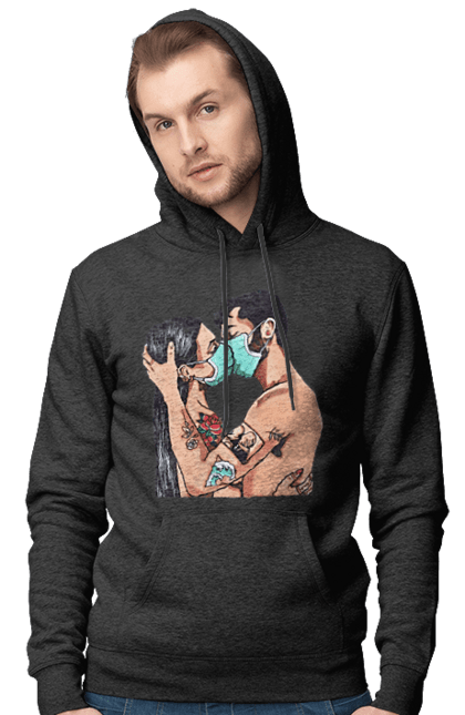 Чоловіче худі з принтом "Коронавірусна Любов". Карантин, коронавірус, кохання, маска, поцілунок. 2070702