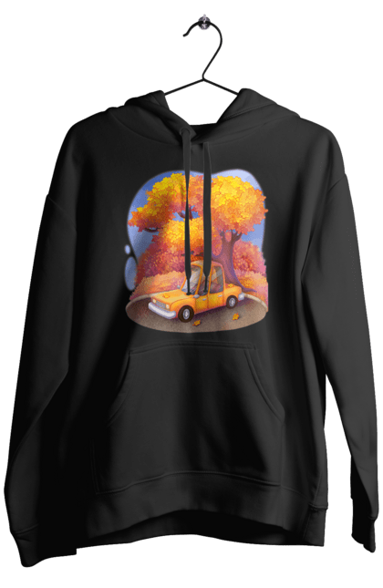 Чоловіче худі з принтом "Осiнь Авто Дерево". Дерево, жовтий мила ілюстрація, машина, осінь, помаранчевий. 2070702