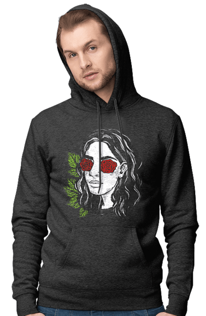 Men`s hoodie with prints Girl With Roses In The Eyes. Girl, rose flower. 2070702