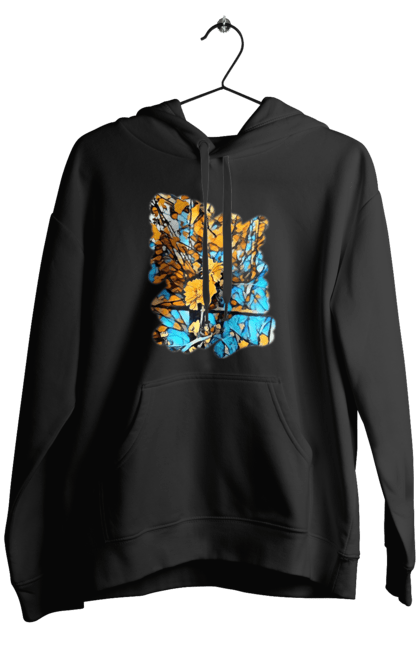 Men`s hoodie with prints Yellow flowers on a blue background. Art, blue and yellow, blue yellow, drawing, flowers, nature, yellow and blue, yellow blue, yellow flowers. 2070702