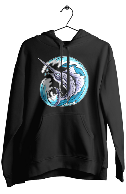 Men`s hoodie with prints Fish Sword And Wave. Swordfish, wave. 2070702
