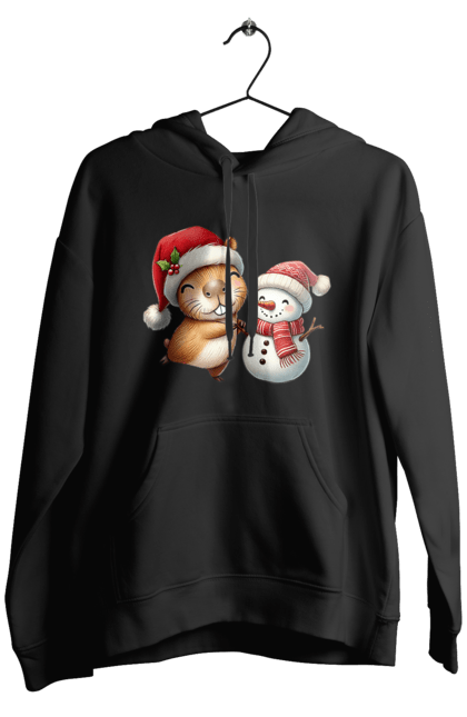 Men's hoodie with prints Capybara and Snowman. Animal, capybara, christmas, christmas capybara, gift, holiday, new year, new year`s gift, santa, snowman. 2070702