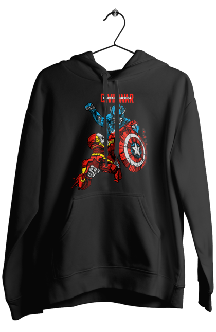 Men's hoodie with prints Iron Man vs Captain America. Avengers, captain america, civil war, comic, comics, film, iron man, marvel, marvel comics, tony stark. 2070702