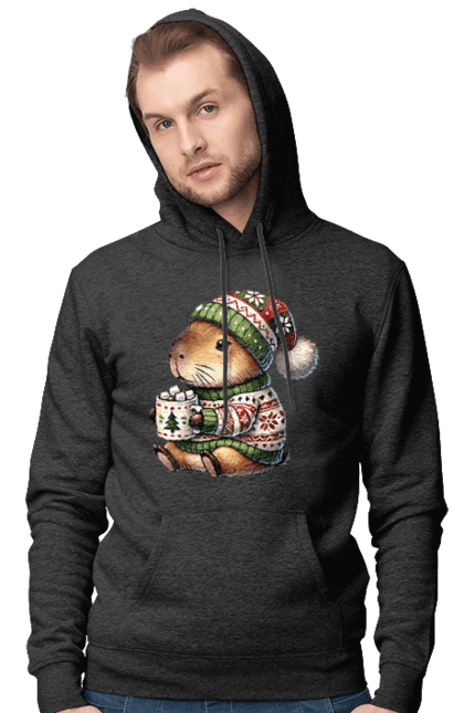 Men's hoodie with prints Capybara with hot chocolate. Animal, capybara, christmas, christmas capybara, gift, holiday, hot chocolate, new year, santa. 2070702