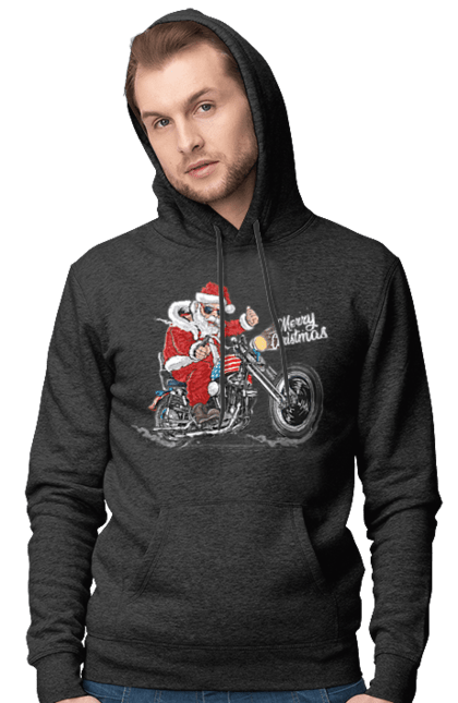 Чоловіче худі з принтом "Санта в окулярах на мотоциклі". Байкер, дід мороз, зима, мотоцикл, новий рік, різдво, санта, санта клаус, сніг, щасливого різдва. 2070702