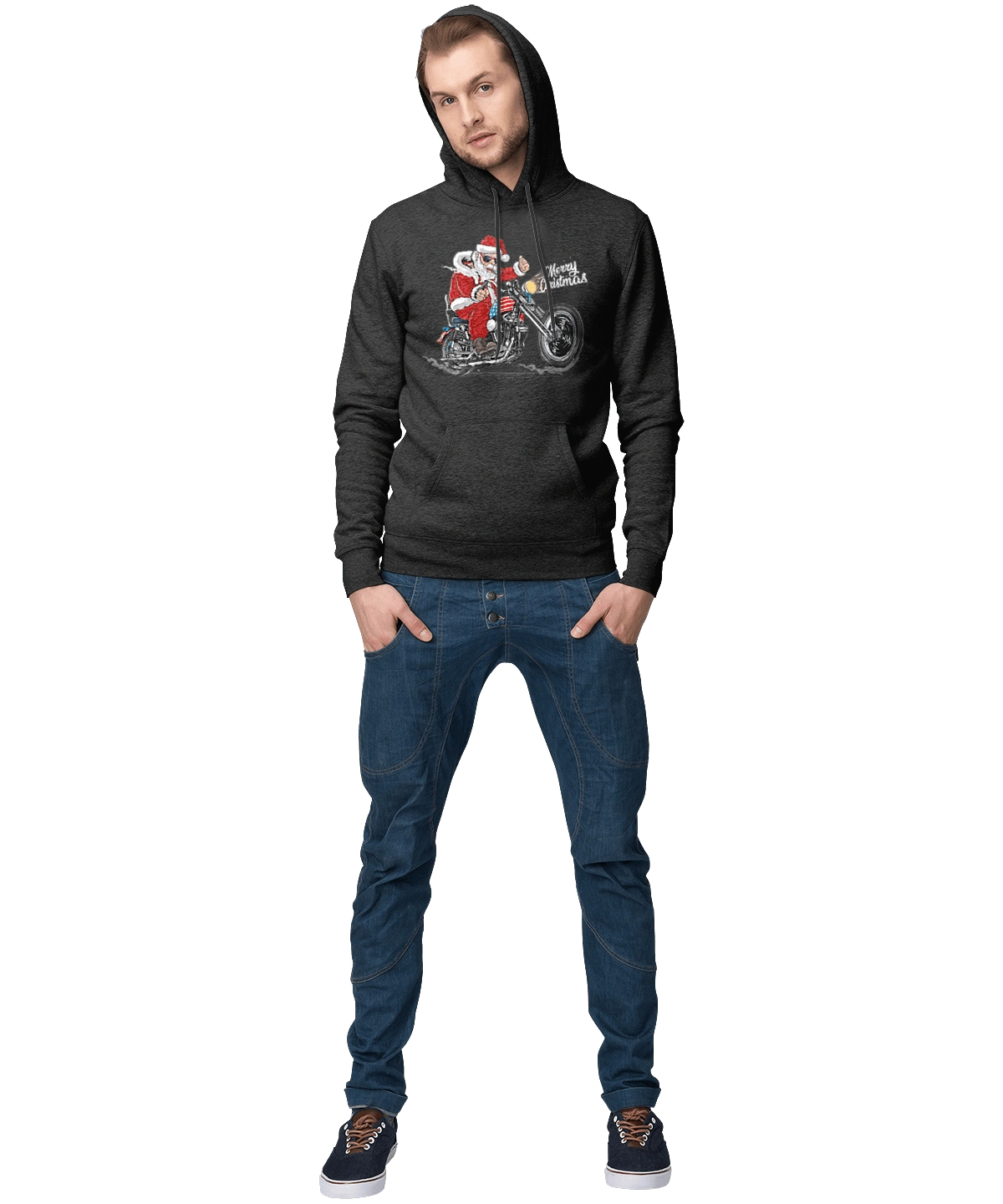 Санта в окулярах на мотоциклі