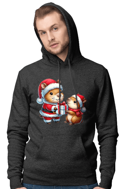 Men's hoodie with prints Christmas Capybara with a Gift. Animal, capybara, christmas, christmas capybara, gift, holiday, new year, new year`s gift, santa. 2070702