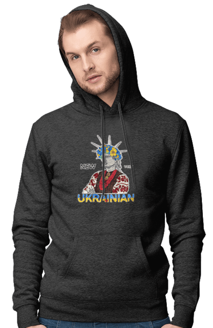 Men`s hoodie with prints UA & NY. Embroidered shirt, new york, statue of liberty, ukraine, wreath. 2070702