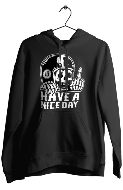 Чоловіче худі з принтом "Гарного дня". Байкерська, гарного дня, з черепом, тринадцять, фак, череп. 2070702