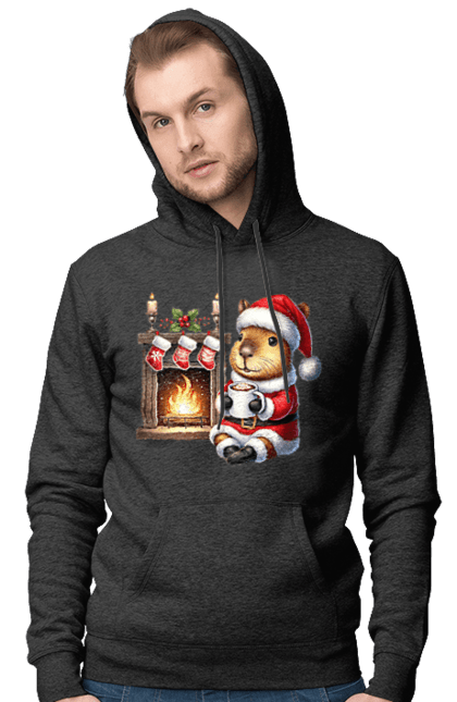 Men's hoodie with prints Capybara by the fireplace with hot chocolate. Animal, capybara, christmas, christmas capybara, fireplace, gift, holiday, hot chocolate, new year, santa. 2070702