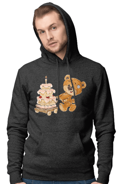 Чоловіче худі з принтом "Ведмедик з тортом". Ведмідь, день народження, медвеженок, торт. futbolka.stylus.ua