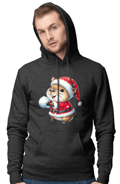 Men's hoodie with prints Capybara playing snowballs. Animal, capybara, christmas, christmas capybara, game, gift, holiday, new year, santa, snowballs. 2070702