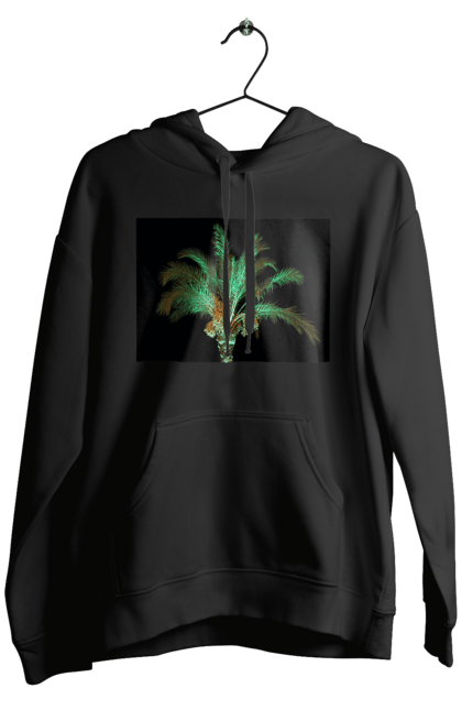 Чоловіче худі з принтом "Фінікова Пальма Вночі". Берег, відпочинок, відпустка, зелений, море, ніч, оазис, океан, острів, пальма, південь, подорож, пригоди, тропіки, фінікова, чорне. 2070702