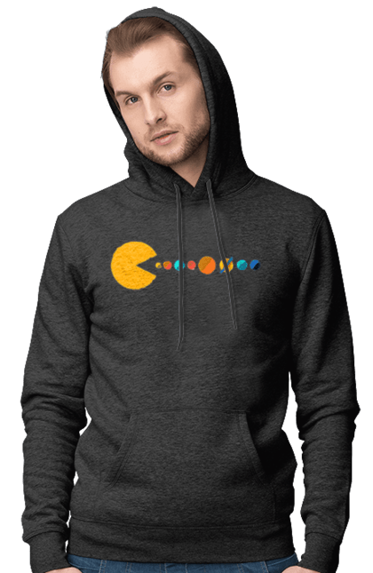 Чоловіче худі з принтом "Pac Man Planets". Atari, namco, pac man, аркадна відеогра, відеогра, комп`ютерна гра, космос, лабіринт, планети, сонячна система. 2070702