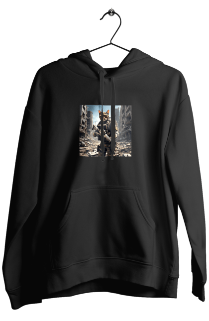 Чоловіче худі з принтом "Кіт десантник". Бронежилет, війна, військовий, гвинтівка, захисник, камуфляж, кіт, рушниця. 2070702