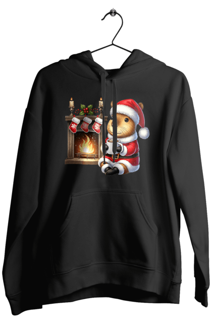 Men's hoodie with prints Capybara by the fireplace with hot chocolate. Animal, capybara, christmas, christmas capybara, fireplace, gift, holiday, hot chocolate, new year, santa. 2070702