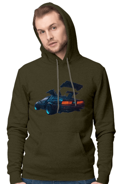 Men`s hoodie with prints DeLorean from back to the future. Car, delorean, from film. 2070702