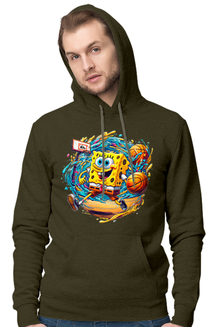 Men's hoodie with prints SpongeBob. Animated series, ball, basketball, cartoon, spongebob, spongebob squarepants, sport. 2070702