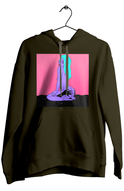 Чоловіче худі з принтом "Фіолетова Дівчина В Руках". Дівчина, інопланетянка, сидить. 2070702