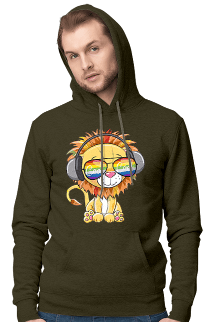 Men`s hoodie with prints Lion In Glasses And Headphones. Glasses, headphones, lion cub. 2070702