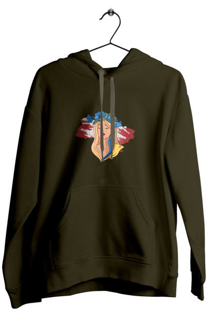 Men`s hoodie with prints Girl on the map of Ukraine. Blue, flag, flowers, girl, girl on the map, map of ukraine, red, ukraine, yellow. 2070702