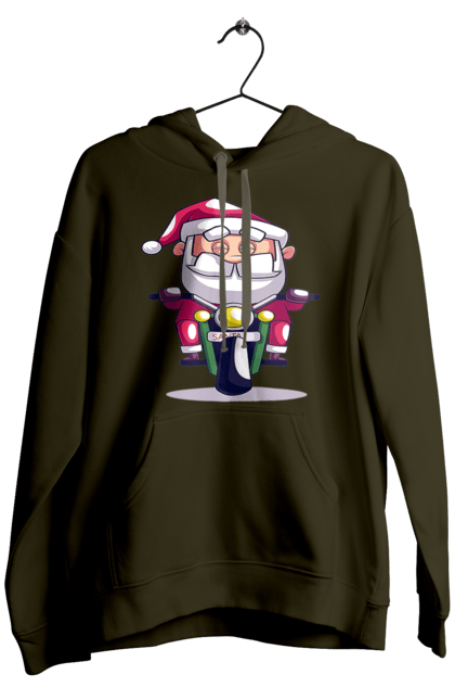 Чоловіче худі з принтом "Щасливий Санта на мотоциклі". 2022, дід мороз, зима, мотоцикл, новий рік, різдво, санта, сніг. 2070702