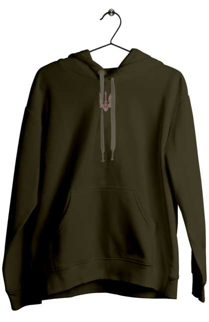 Men`s hoodie with prints Vyshyvanka coat of arms. Actual, emblem, embroidered shirt, symbolics, ukrainian, unusual, war. 2070702