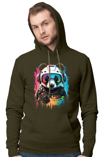 Men`s hoodie with prints Panda in VR Helmet. Character, geek, helmet, panda, virtual reality. 2070702