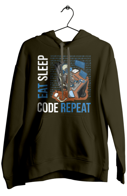 Чоловіче худі з принтом "Їж Cпи Кодуй Повторюй". Айті, айтішник, для айтішника, для програміста, їж спи, кодуй повторюй, подарунок айтішнику, подарунок програмісту, програміст, розробник. 2070702