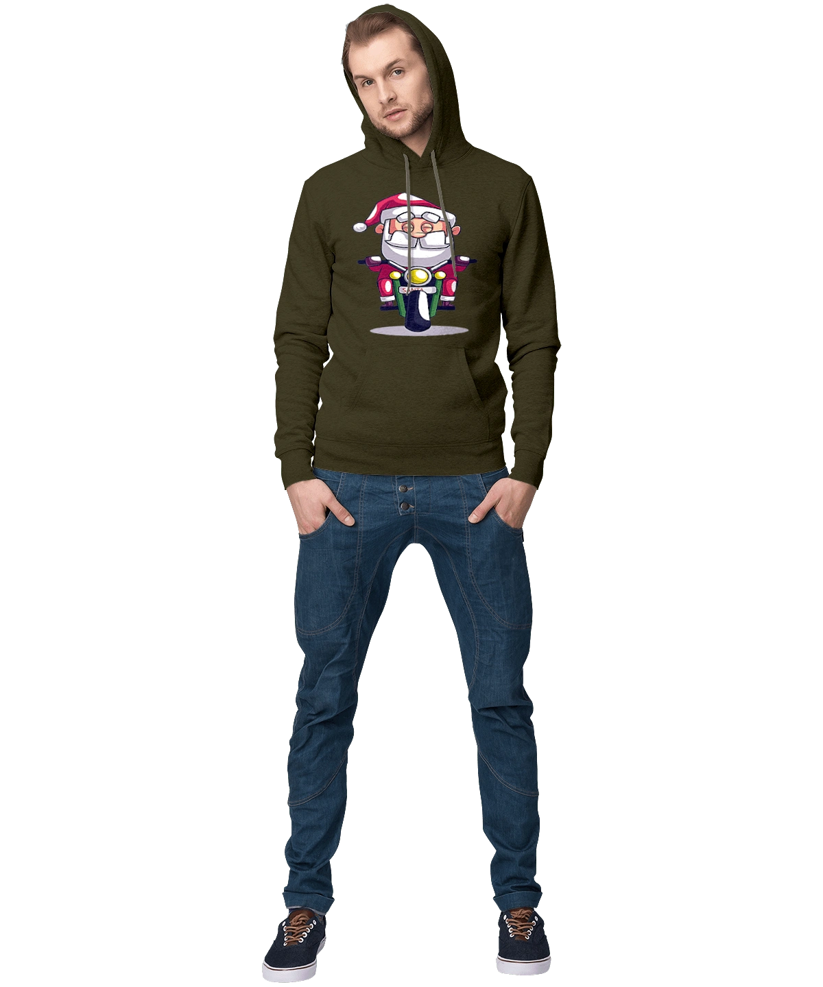 Happy Santa on a motorcycle