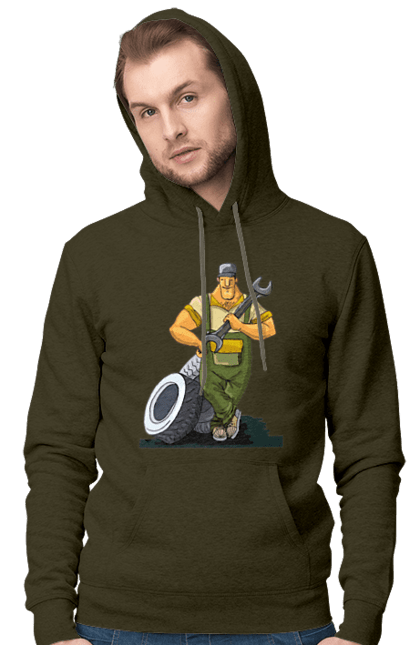Men`s hoodie with prints Car Mechanic. Profession, wheels, wrench. 2070702