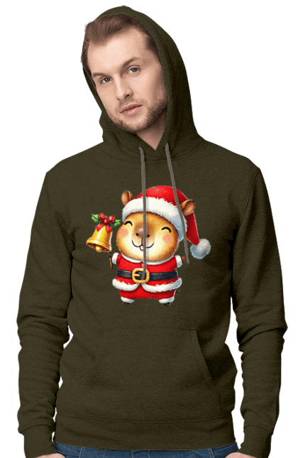 Men's hoodie with prints Funny capybara with a bell. Animal, bell, capybara, christmas, christmas capybara, gift, holiday, new year, new year`s gift, santa. 2070702