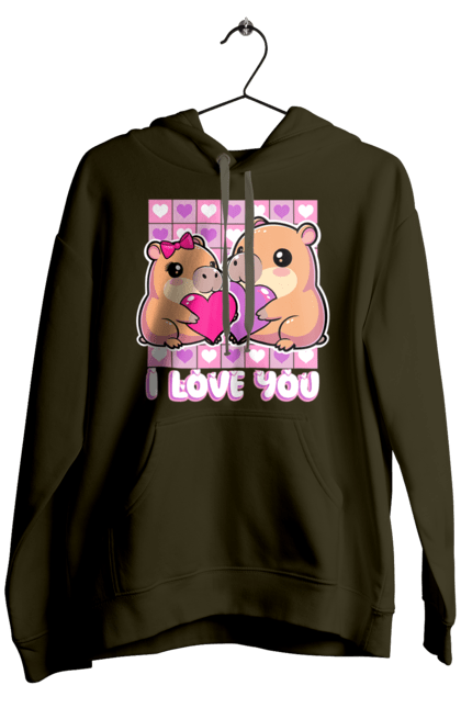 Чоловіче худі з принтом "Закохана капібара". I love you, валентинка, день святого валентина, капибара, кохання, милі тварини, пара капібар, романтика, романтичний подарунок, серця. 2070702