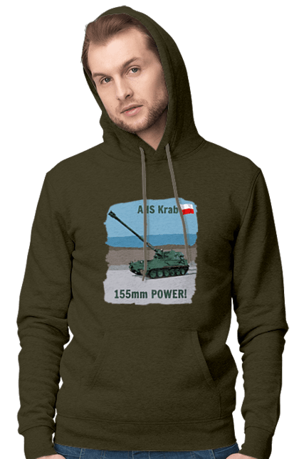 Men`s hoodie with prints 155mm Power! AHS Krab olive. Ahs krab, artillery, crab, howitzer, poland, self propelled. 2070702