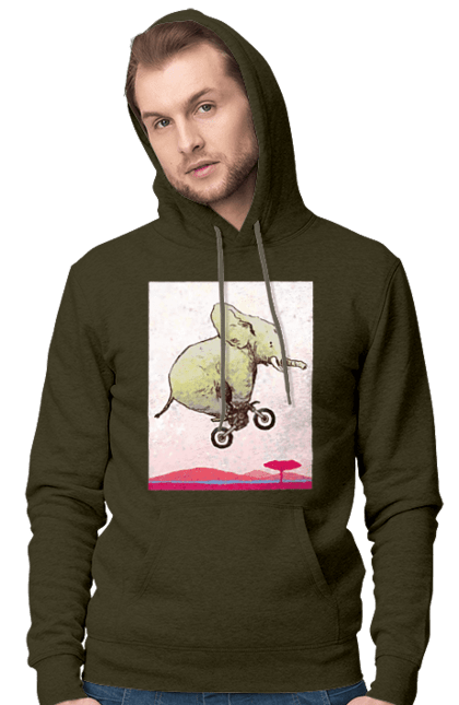 Мужское худи с принтом Слон На Мотоцикле. Мотоцикл, полет, слон. 2070702