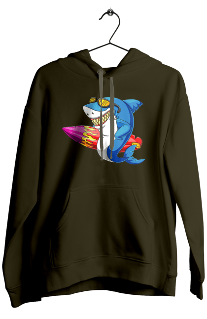 Чоловіче худі з принтом "Акула В Окулярах З Серфінгом". Акула, літо, окуляри, серфінг. 2070702
