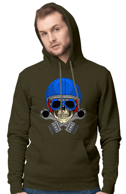 Чоловіче худі з принтом "череп мотолюбитель". Байкер, окуляри, череп, шолом. 2070702
