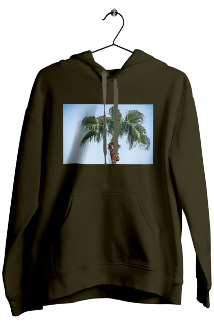 Чоловіче худі з принтом "Пальма на тлі неба". Берег, блакитне, відпочинок, відпустку, єгипет, зелений, зелені, лист, листя, море, небо, оазис, океан, острів, пальма, південь, подорож, пригоди, тропіки, туреччина. 2070702