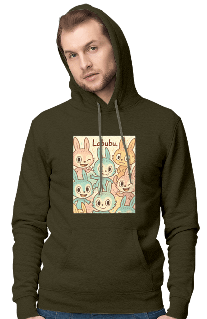 Men`s hoodie with prints Labubu. Cartoon style, charming, designcharacter, grailivo, kawaii, labubu, lower shades, my art, no turbo, pastel flowers. 2070702
