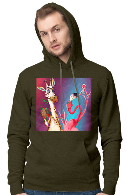 Men`s hoodie with prints Giraffe And Flamingo At The Party. Cocktail, flamingo, food, giraffe. 2070702