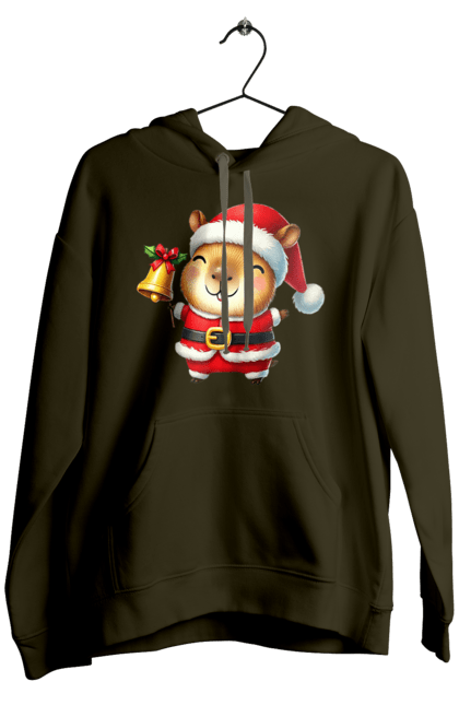 Men's hoodie with prints Funny capybara with a bell. Animal, bell, capybara, christmas, christmas capybara, gift, holiday, new year, new year`s gift, santa. 2070702