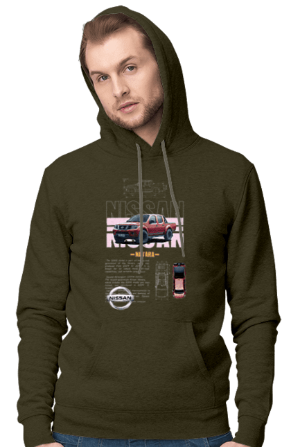 Men's hoodie with prints Nissan Navara. Automobile, car, navara, nissan, nissan motor, pickup. 2070702