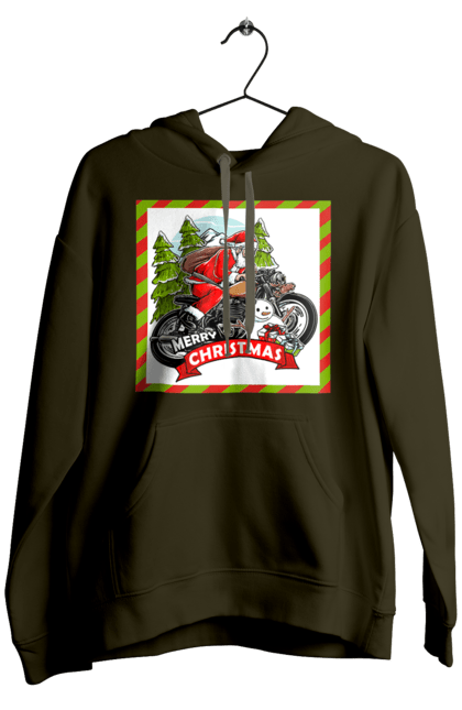 Men`s hoodie with prints Santa on a motorcycle. Christmas, motorcycle, new year, presents, santa, snowman, tree. 2070702