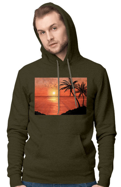Men`s hoodie with prints West Palm Sea. Palm trees, sea, shore. 2070702