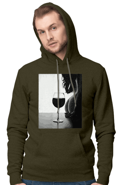 Men`s hoodie with prints A glass of wine. Expectation, friday again, grace, woman`s body. 2070702