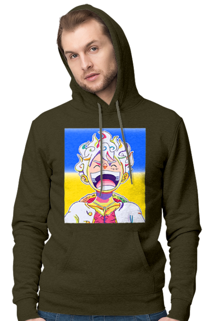 Чоловіче худі з принтом "Монкі д Луффі сміється на жовто блактному фоні". Ван піс, луффі, монкі д. луффі, прапор україни, символ україни, україна. 2070702