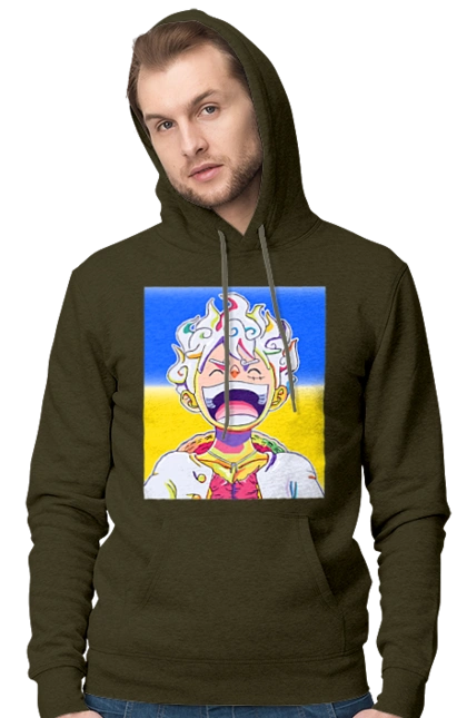 Monkey D Luffy laughing on a yellow blue background