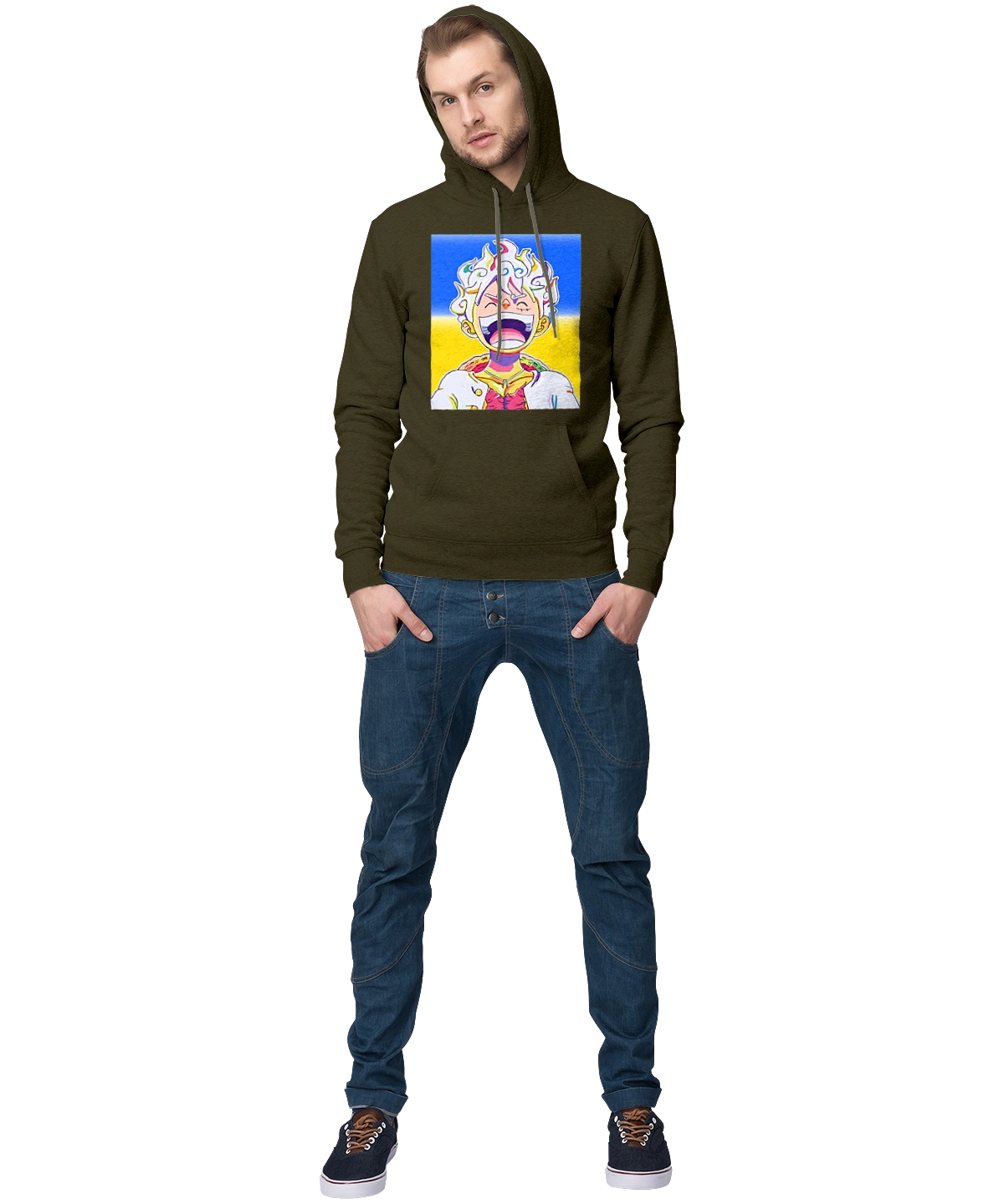 Monkey D Luffy laughing on a yellow blue background